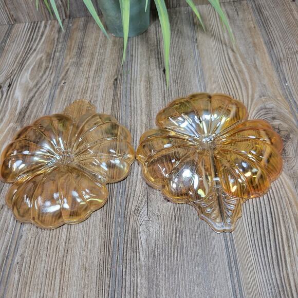 2 Jeannette Glass Clover 3 Part Candy Dish Marigold Iridescent Doric - Picture 2 of 3